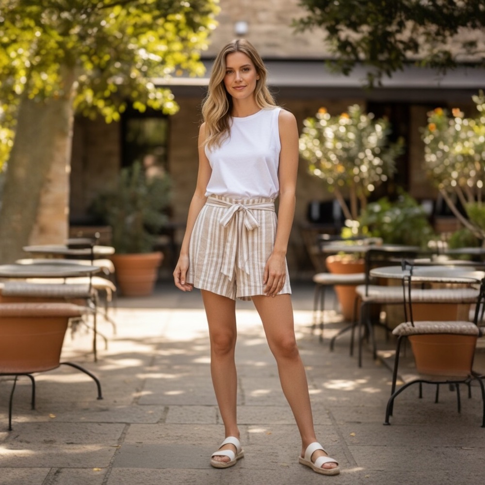 WILLOW Johnny Striped High-Rise Tie-Waist Linen Blend Shorts Tan/Cream M